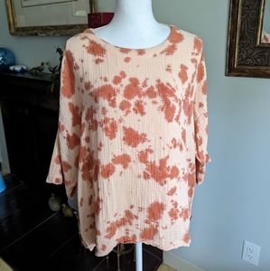 Pure Jill J.Jill XS Boxy Gauzy Cotton Tie Dye Top Button Accents Rust/Peach 118